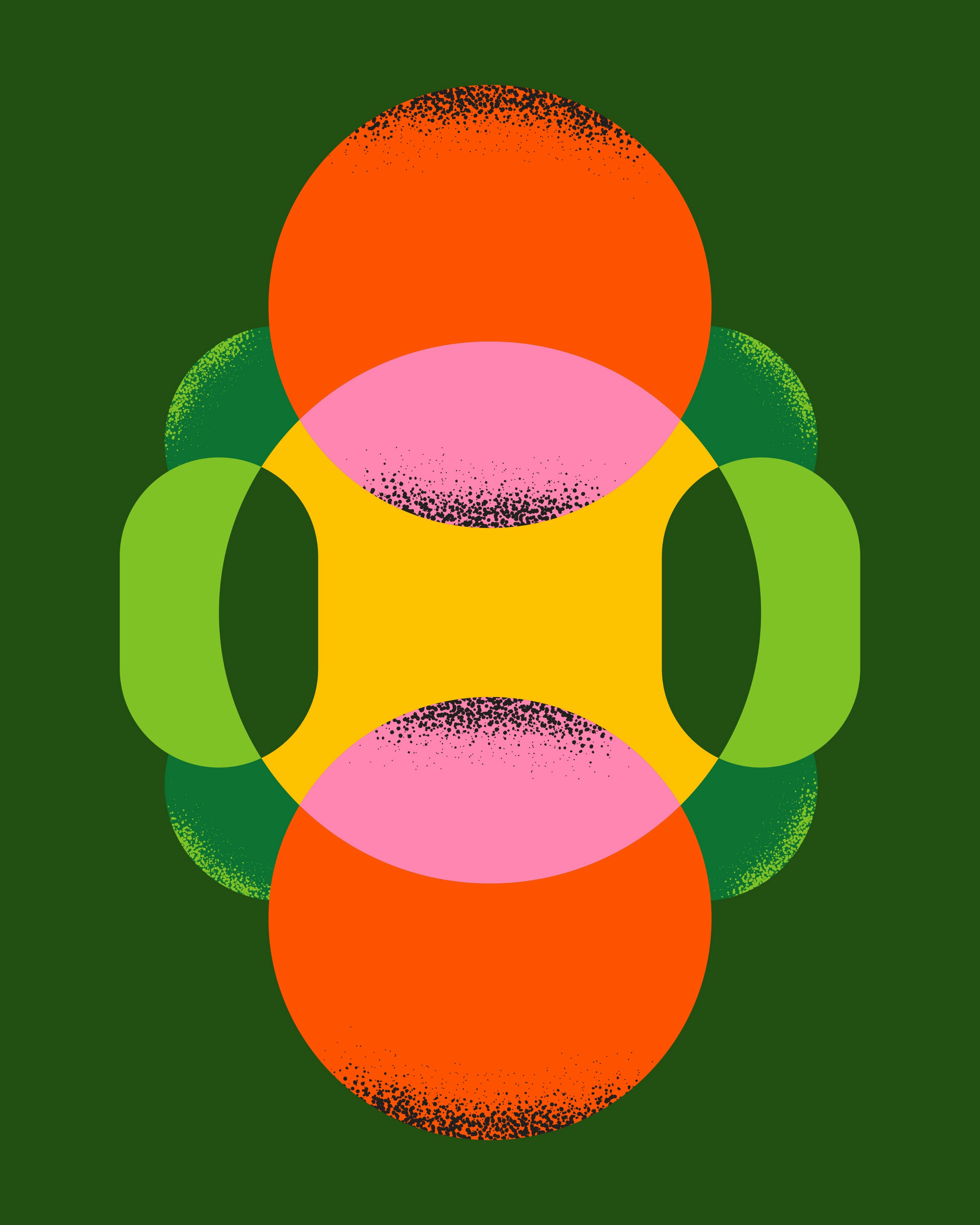 Abstract overlapping colorful circles on green