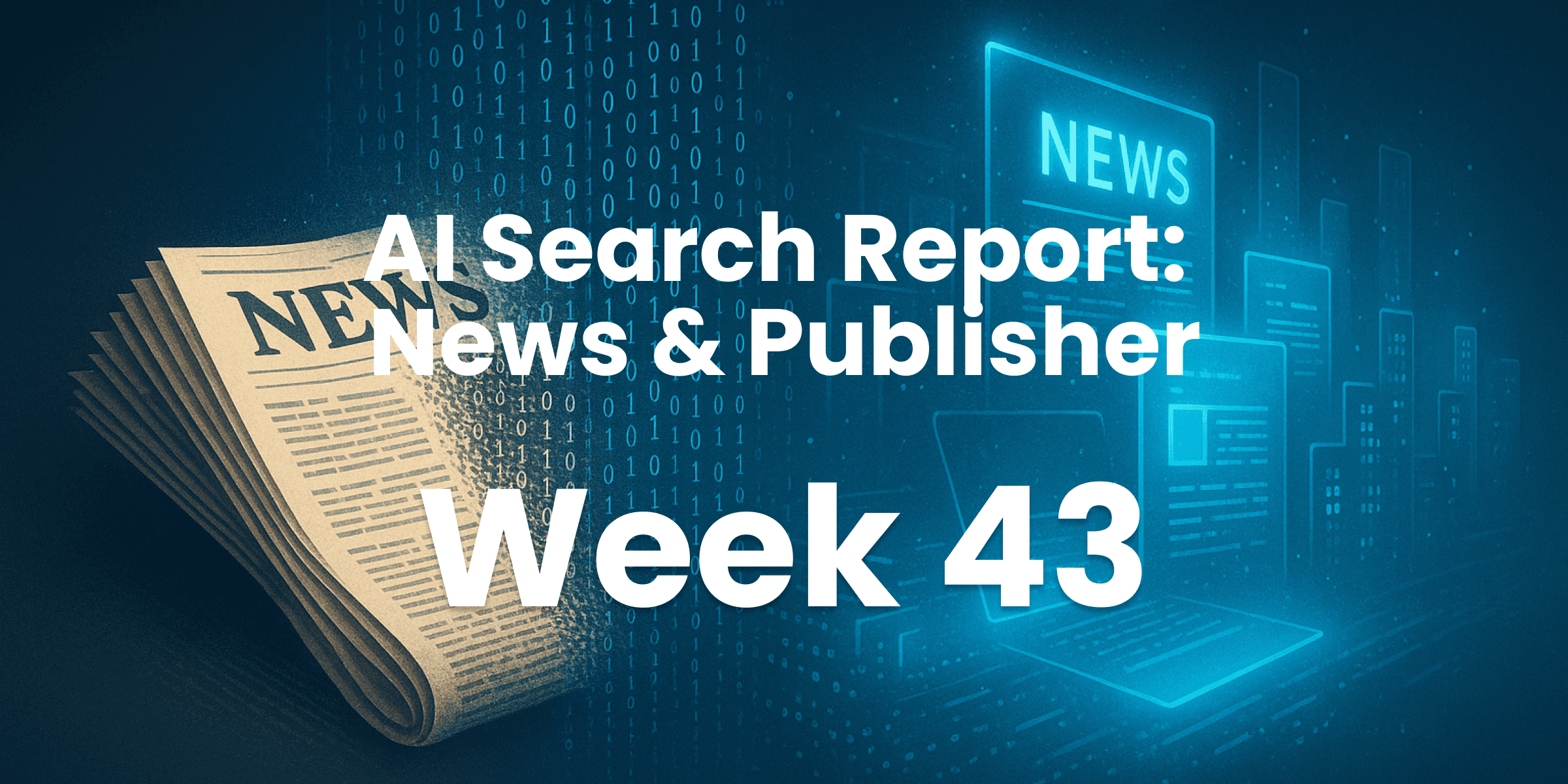 Cover image for the AI Search : News & Media, Week 43, showing a folded newspaper on the left merging into digital screens with glowing headlines and binary code, symbolizing the transformation from print to digital media.