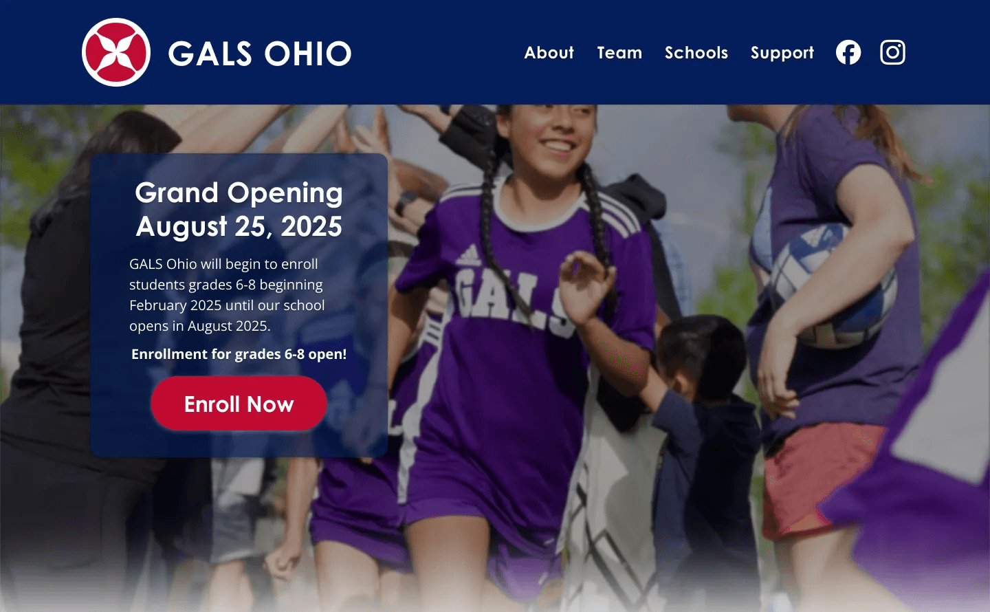 Hero section of the GALS Ohio landing page highlighting enrollment information and a primary call to action.