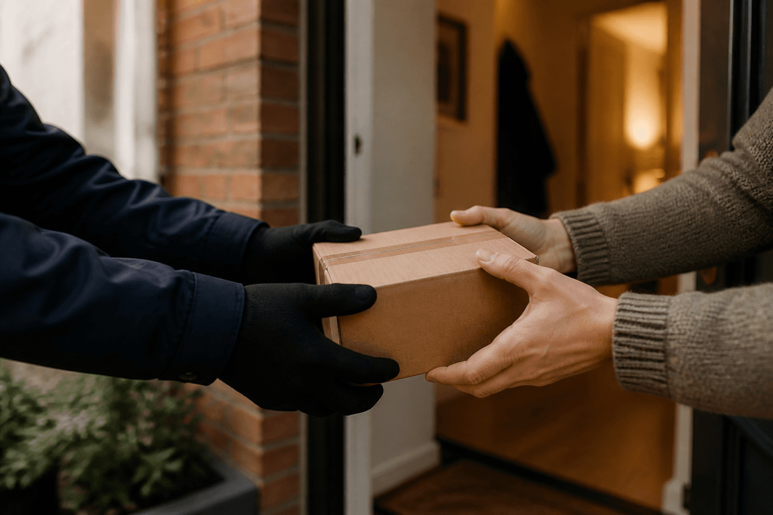 A courier handing a small parcel across a residential doorway