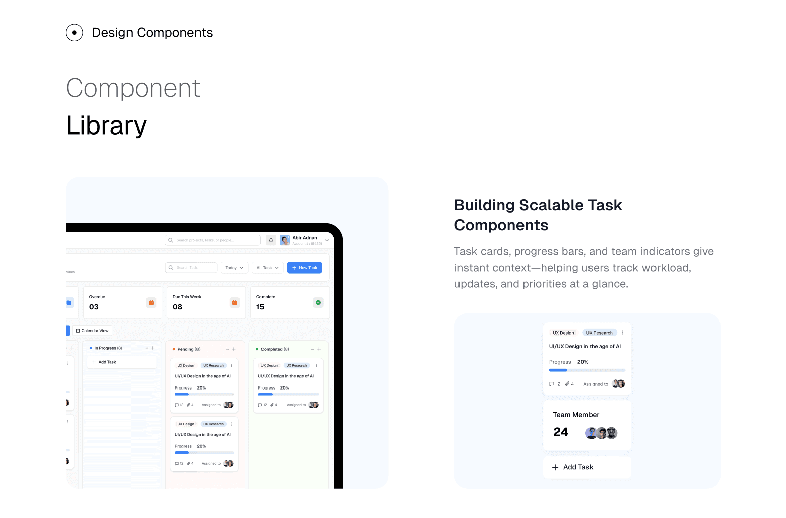 Dashboard component library with scalable task cards and UI elements