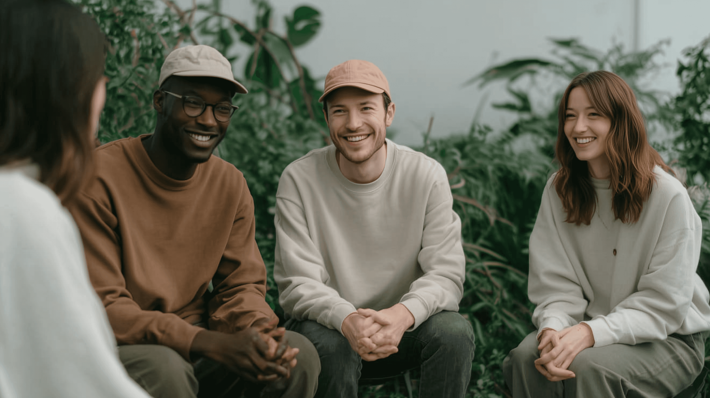 Group of three friends at a mindfulness retreat center