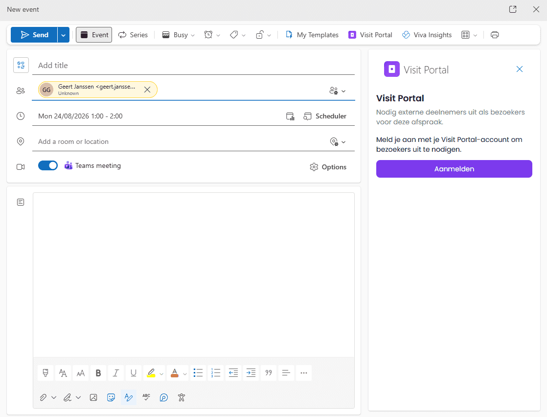 Visit Portal knop in het lint van een nieuwe Outlook uitnodiging