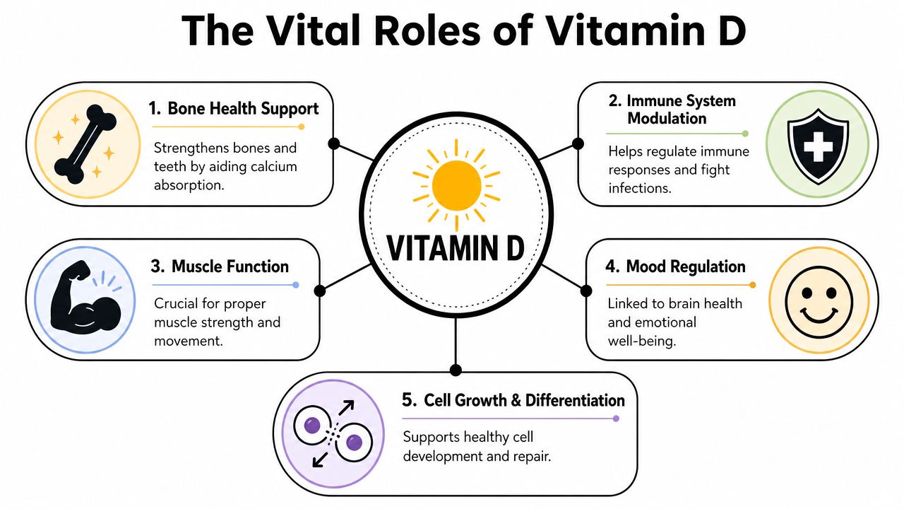 A diagram illustrating the five essential roles of Vitamin D, including bone health, immunity, muscle, mood, and cell growth.