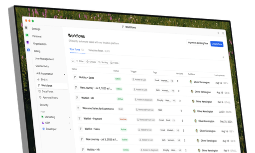 Liste der Workflows für Automatisierung, einschließlich Kategorien wie "Waitlist" und "New Journey," und hervorhebend die effiziente Aufgabenverwaltung sowie Workflow-Automatisierung.