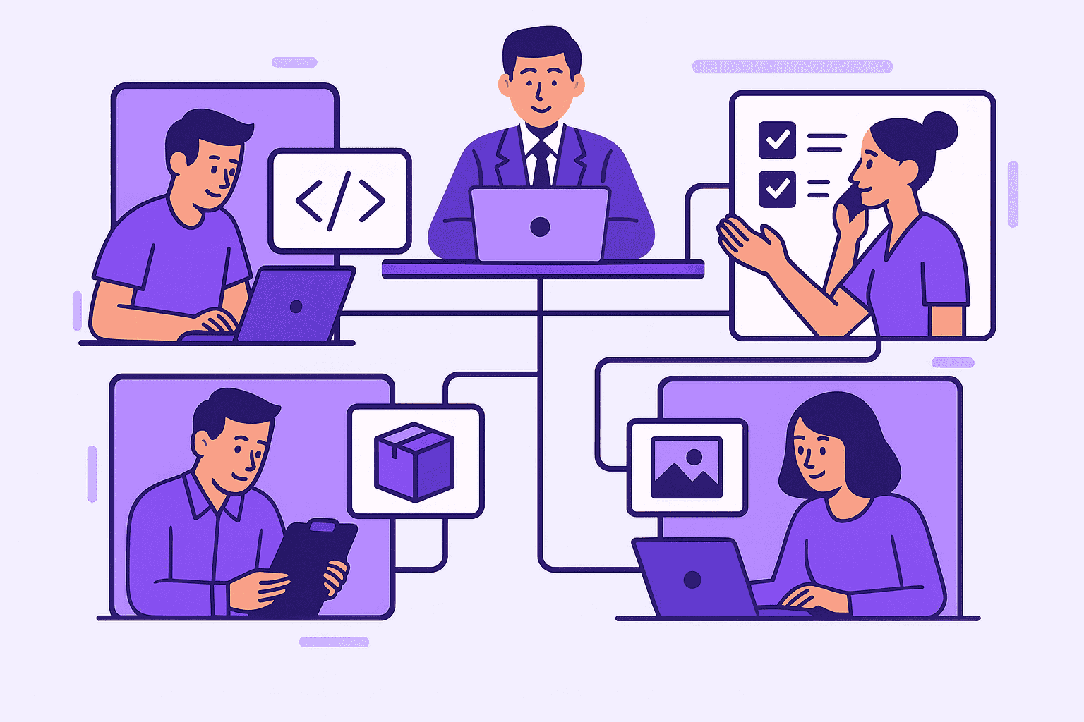 A flat-style digital illustration showing remote team members in separate task areas connected by workflow lines, coordinated by a leader in the center to represent clear roles and efficient collaboration.