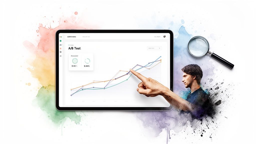 A hand interacts with a tablet showing an A/B test analysis, with a magnifying glass.