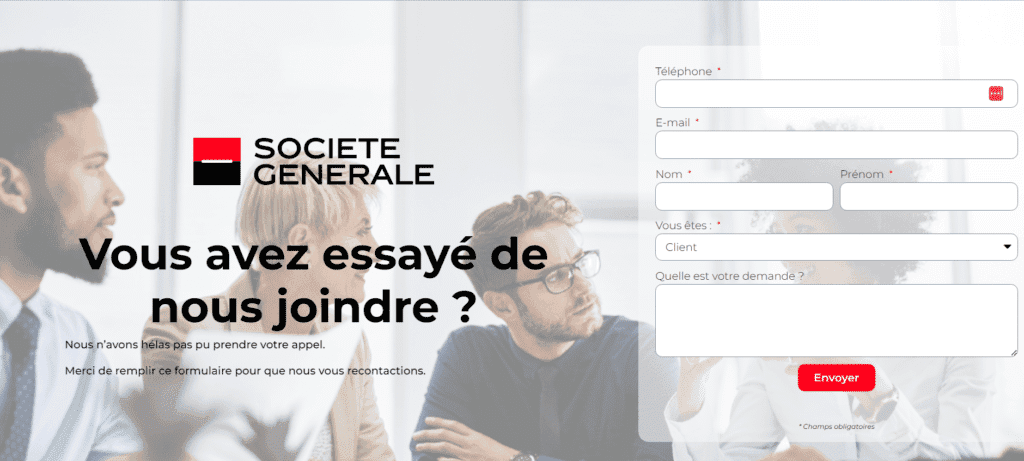 Exemple de landing page bancaire pour appels manqués