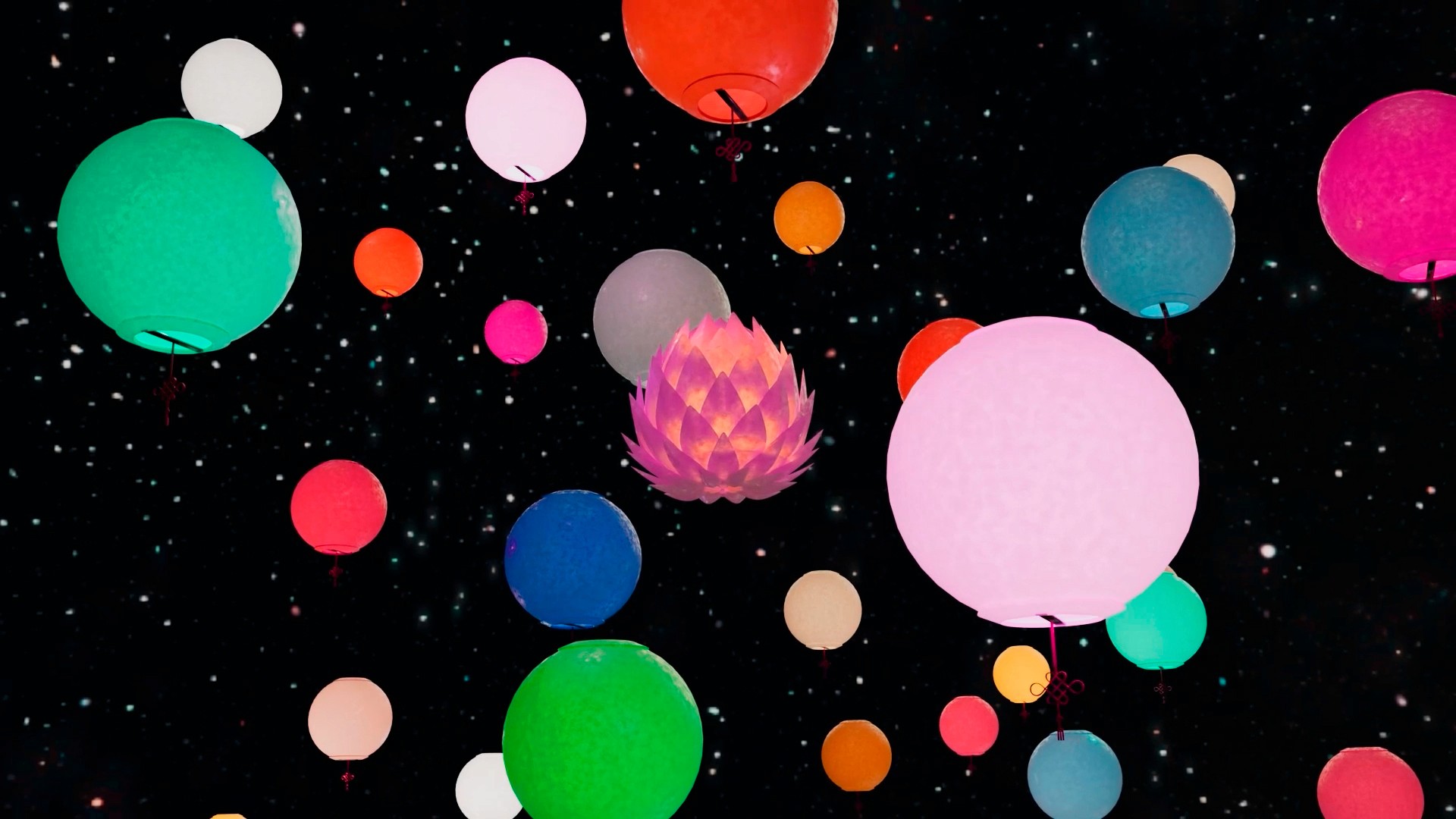 Project Aura. The lanterns surround the lotus flower in the air, creating a light spectacle.