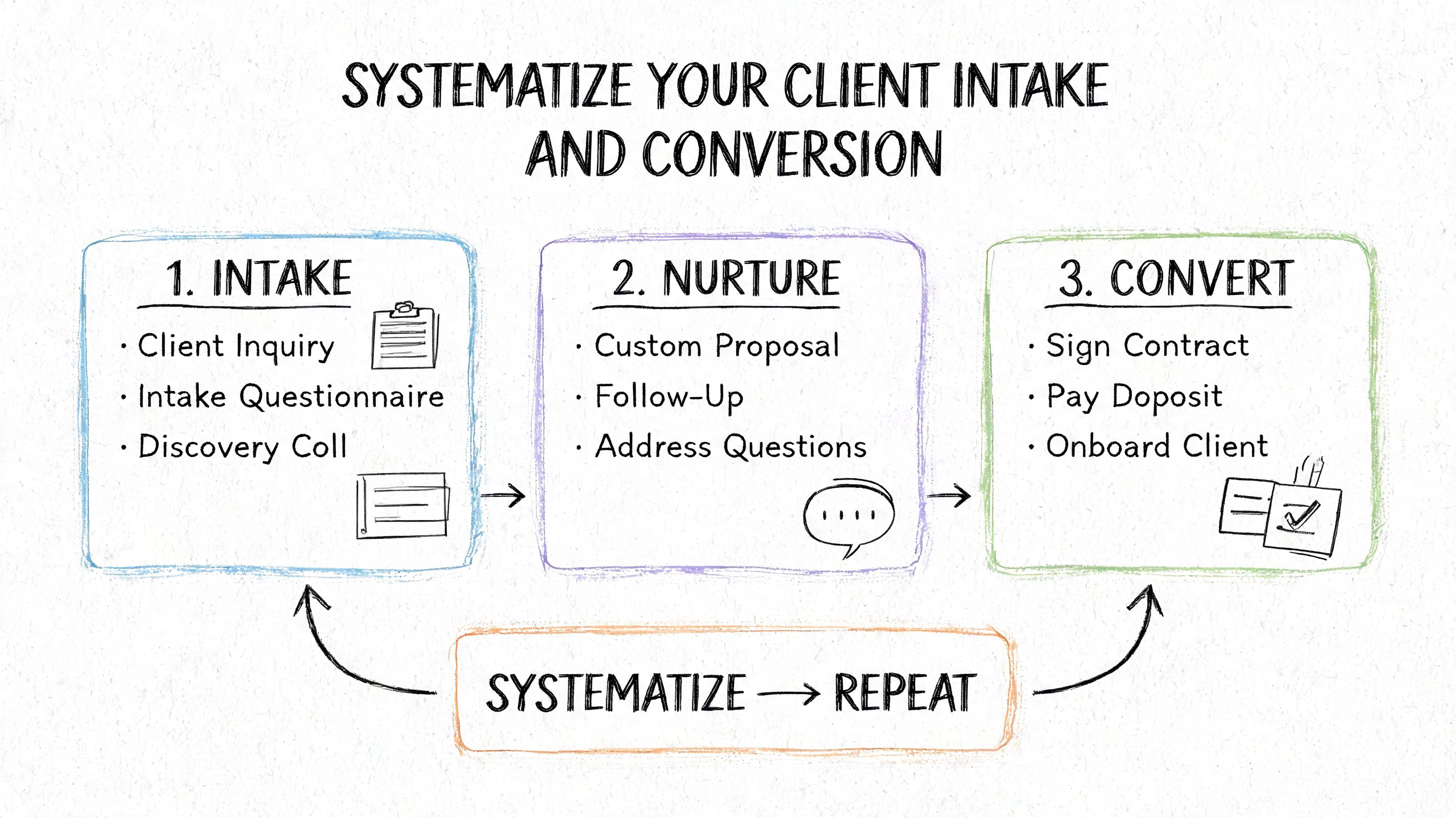 A diagram outlining the three-step process of systematizing client intake, nurturing, and conversion for business growth.