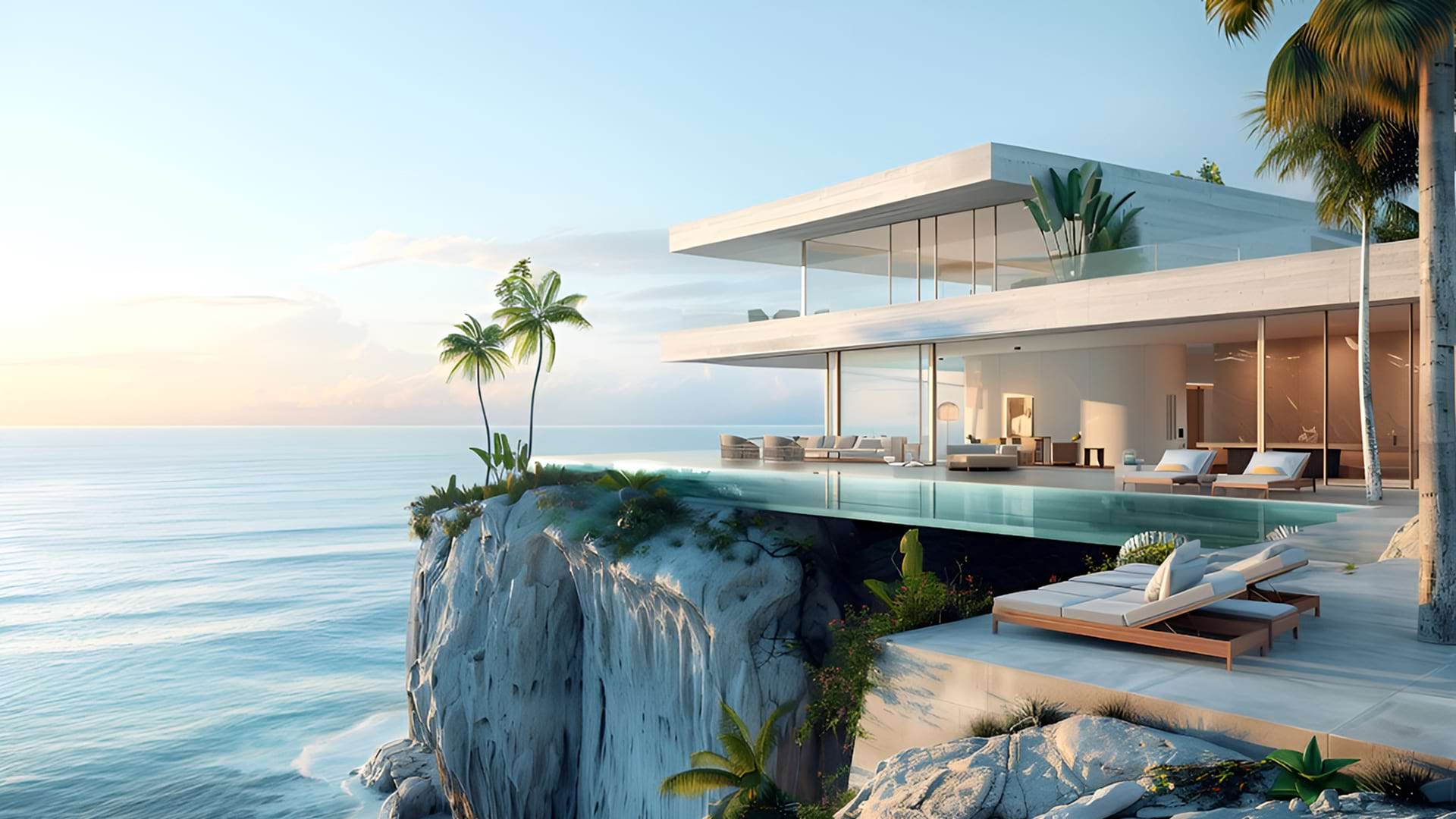 A modern villa with a glass facade and infinity pool, perched on a cliff overlooking the ocean. Palm trees and serene ocean view at sunrise enhance tranquility.