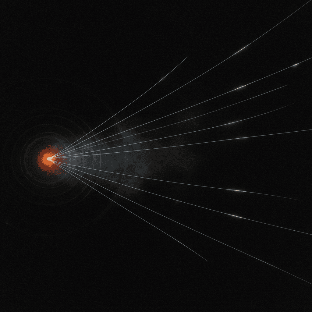 A single thin beam of orange light fanning into multiple faint trails across deep black void