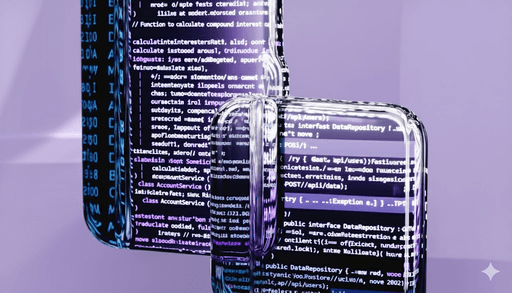 An illustration showing custom code written in floating glass slabs