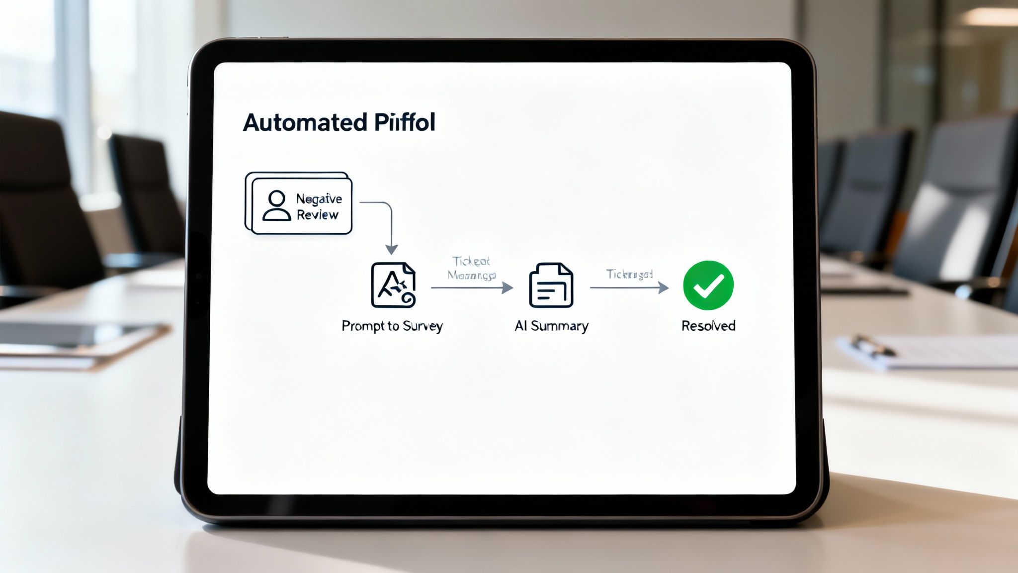 A tablet displays an automated workflow for processing negative reviews using AI summary, leading to resolution.