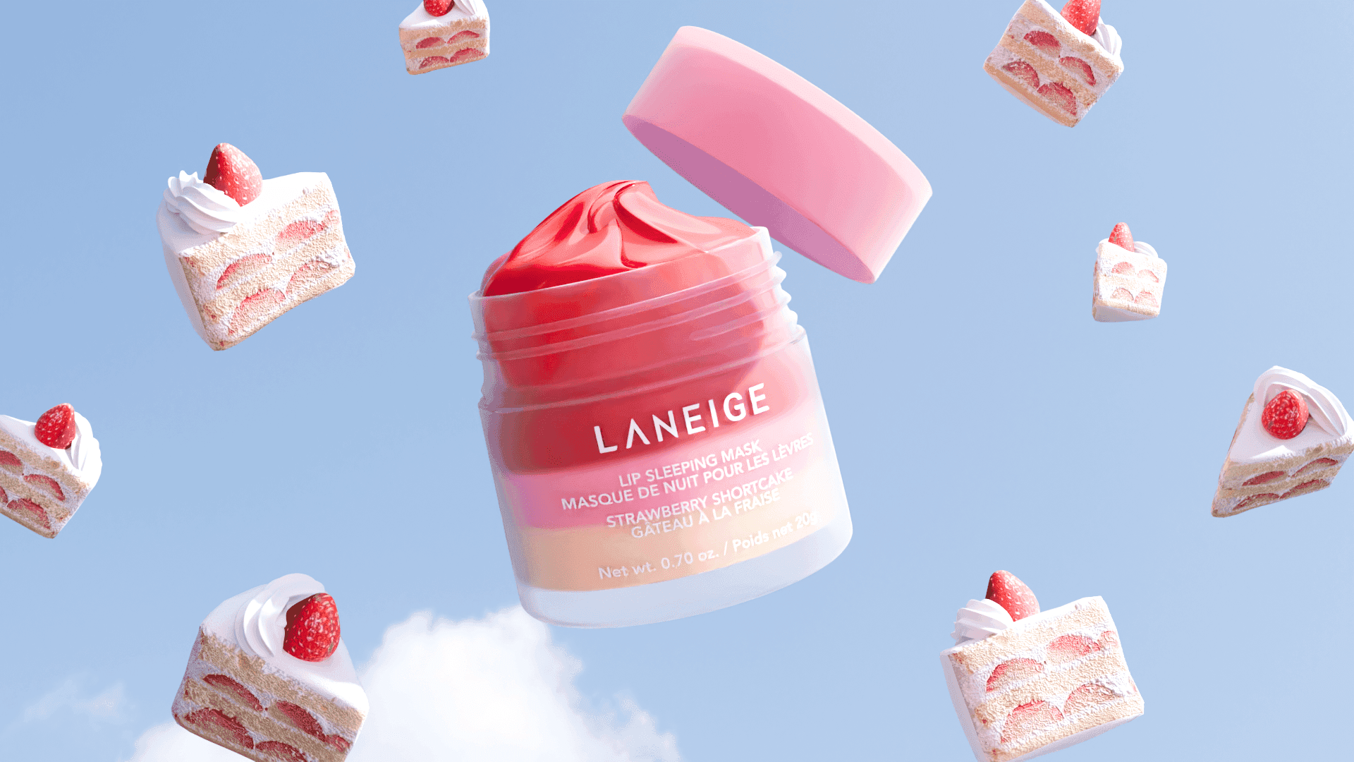 3D render of Laneige strawberry shortcake lip sleeping mask in the sky