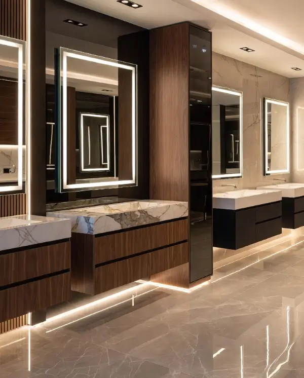 Luxury έπιπλα μπάνιου σε showroom με marble επιφάνειες, καθρέφτες LED και σύγχρονο σχεδιασμό