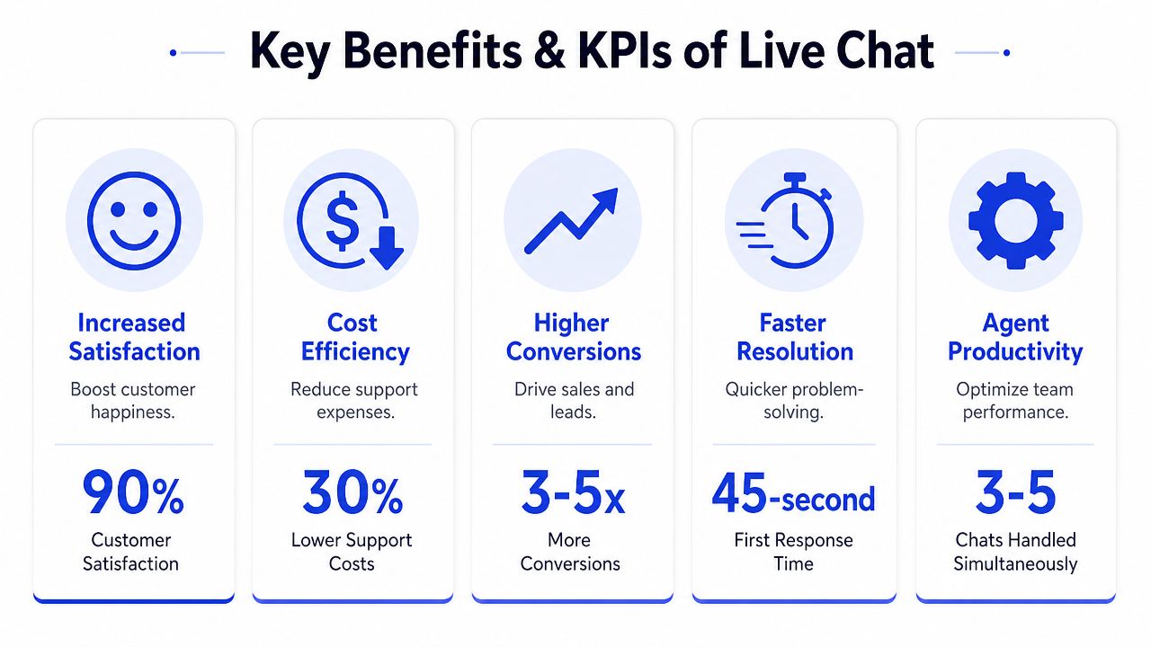 An infographic detailing five key business benefits and performance KPIs of implementing live chat software.