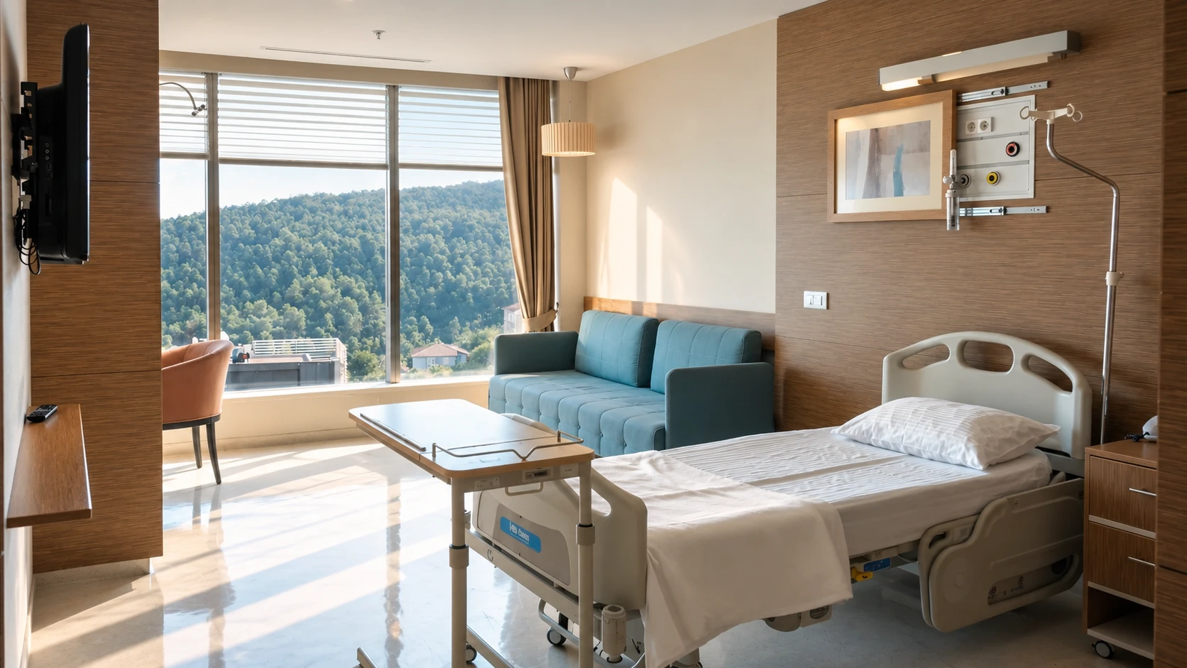 Chambre de patient moderne et confortable à l'hôpital MediState avec vue sur la forêt et équipement complet