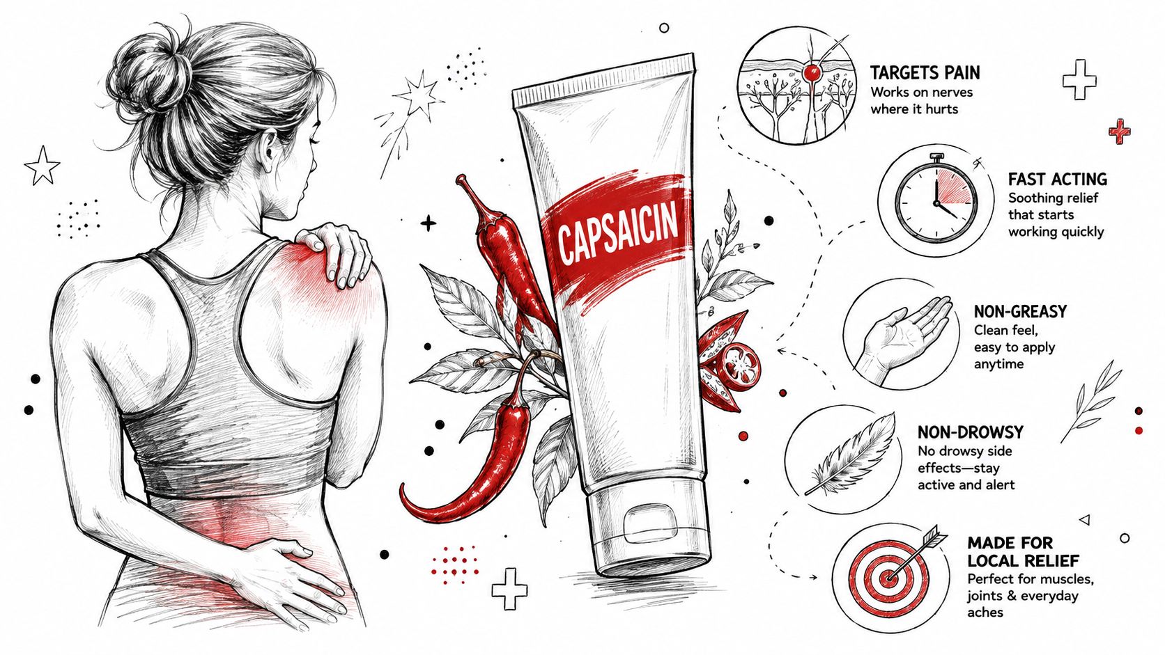 A diagram illustrating the benefits of capsaicin cream for treating muscular and joint pain relief.