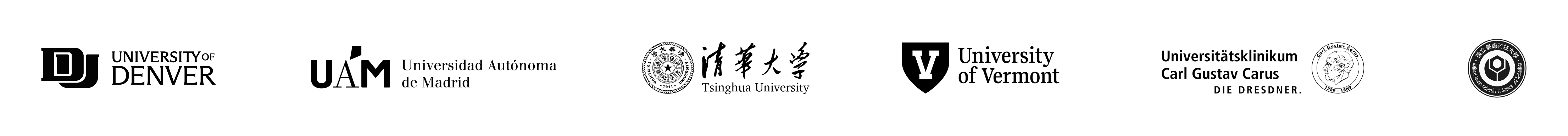 Horizontal row of faint white logos and organizational names with a circular seal at the right on a black background