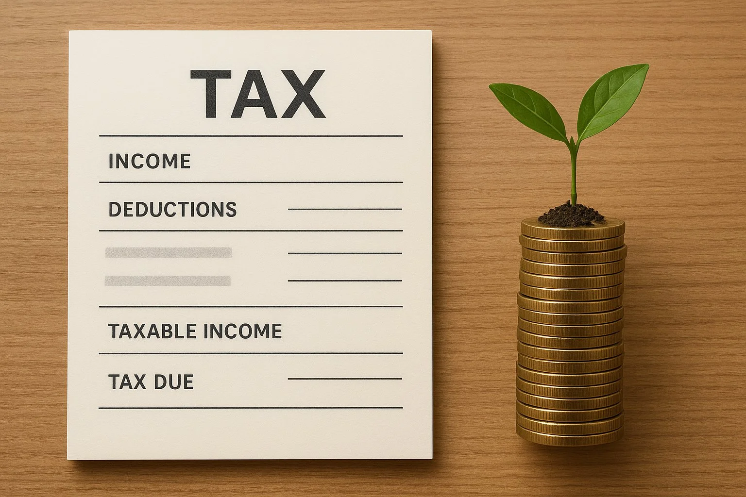 Tax document with sections lightly crossed out to show reduced taxable income, next to a growing stack of coins representing savings.