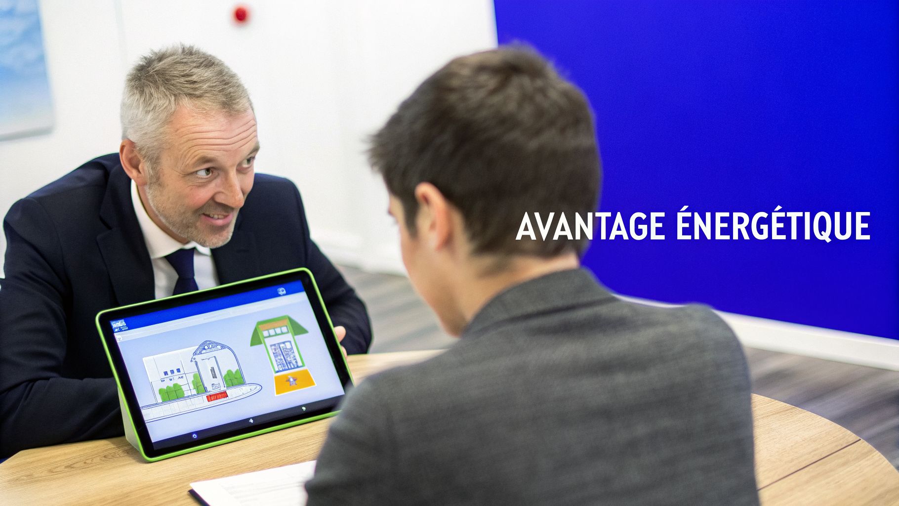 Deux hommes en réunion regardent une tablette affichant des diagrammes de bâtiments, avec le texte
