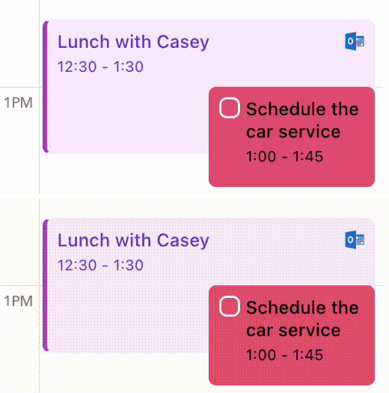 Two enlarged copies of a Lunch with Casey calendar block and a red Schedule the car service block: the top one has smooth flat colors, the bottom one is covered in a fine grid of colored dots