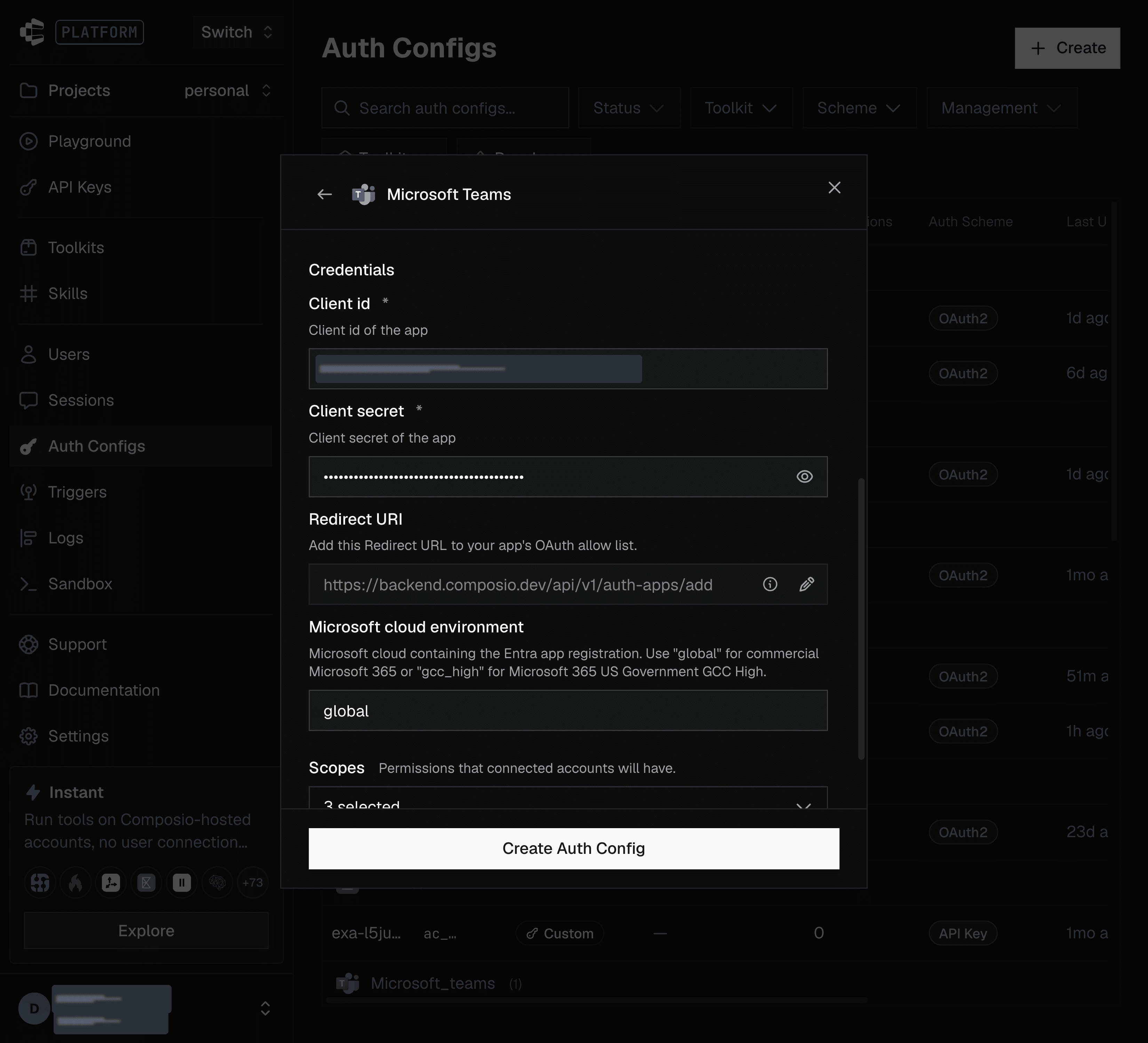 Credentials fields, Redirect URI and Microsoft cloud environment set to global for the custom Microsoft Teams auth config