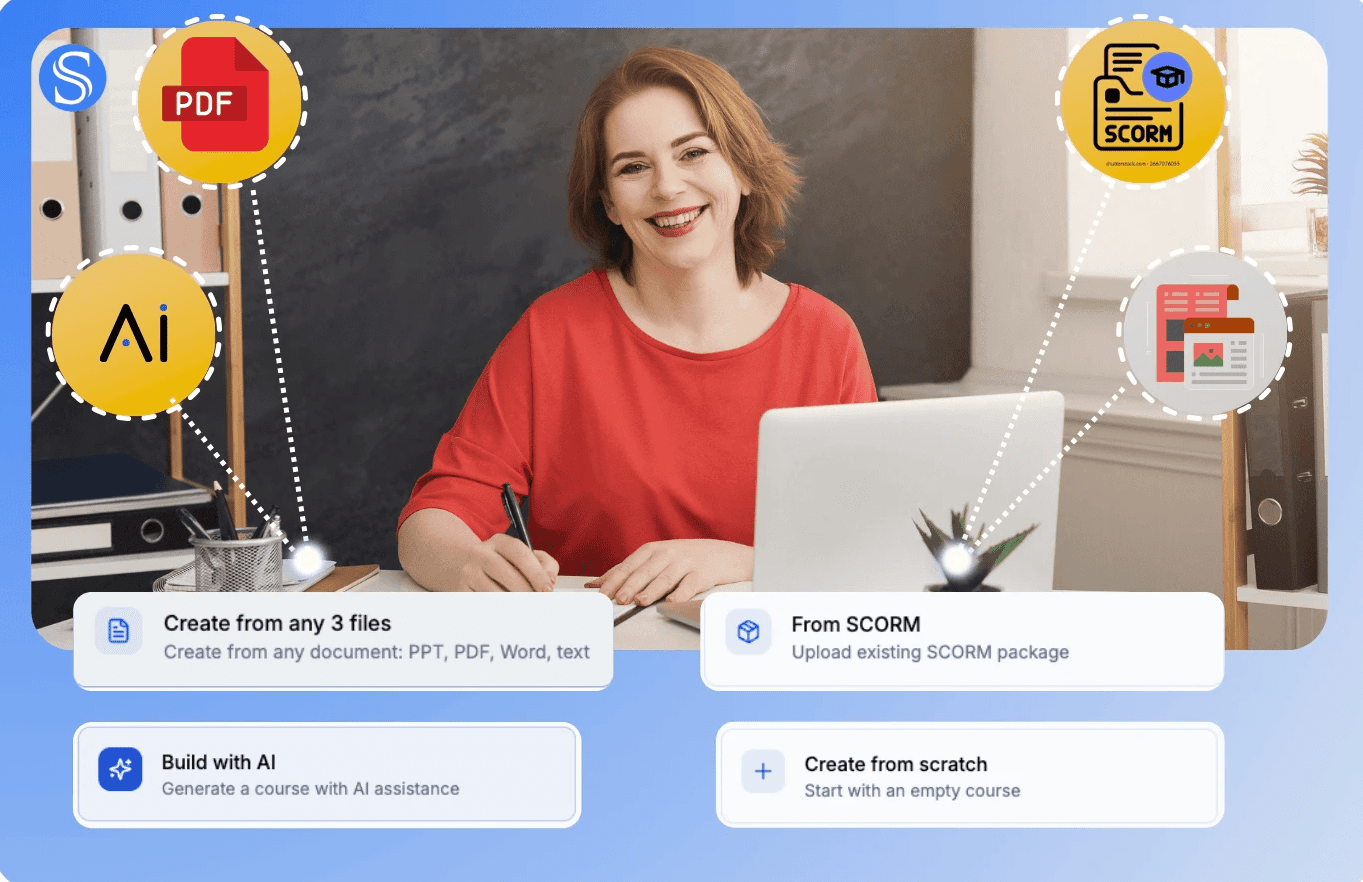 Woman at desk with laptop, illustrating compliance training creation.