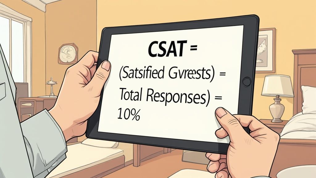 A calculator screen displaying a customer satisfaction formula with positive icons.