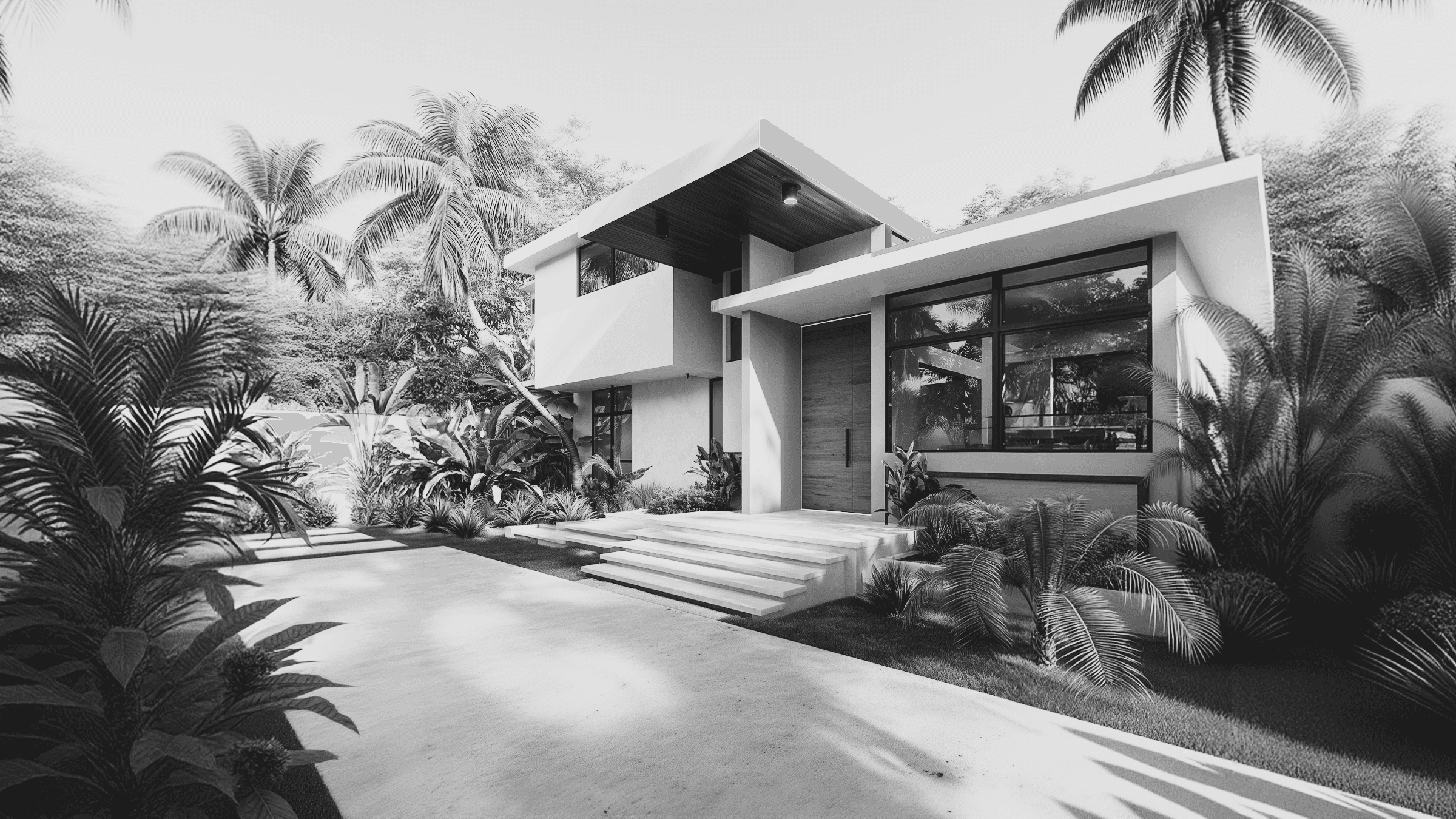 A black and white photo of a modern house surrounded by palm trees and shrubs, with a driveway leading up to it.