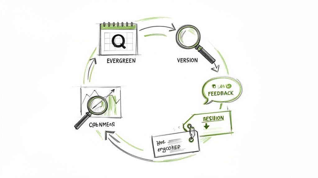 A circular diagram illustrating a continuous improvement process with steps like evergreen, version, feedback, revision, and optimization.