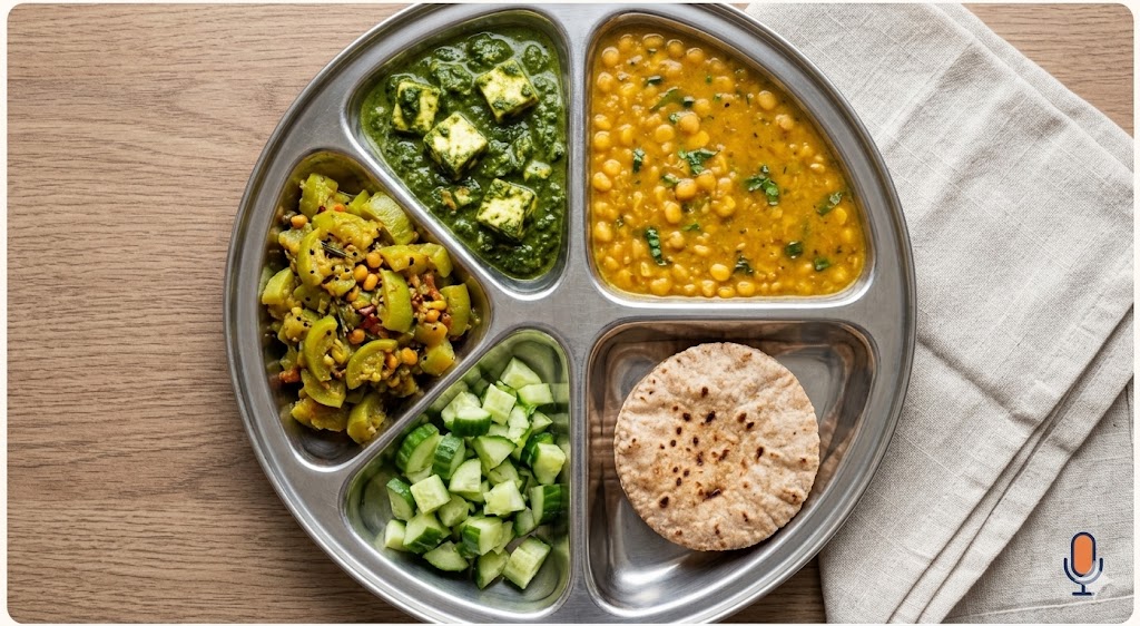 A divided stainless steel Indian thali plate on a wooden table, featuring portion-controlled healthy dishes for weight loss: lauki sabzi, palak paneer, dal tadka, cucumber salad, and a single whole wheat roti.