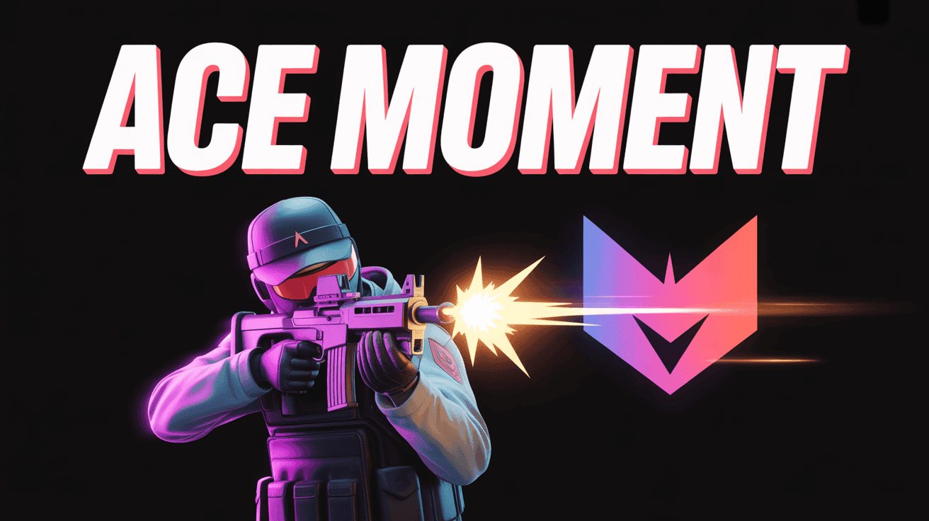 Valorant agent firing Vandal beside glowing ace kill feed with ACE MOMENT headline