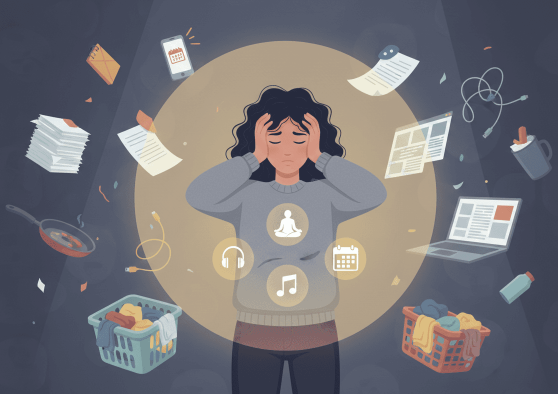 An editorial illustration of a woman overwhelmed by floating household chores and stressors, centered in a glowing spotlight of self-care icons.