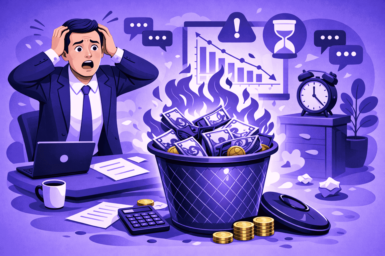 Desperate manager watching money burn in a trash can, symbolizing productivity and financial losses caused by workplace distractions