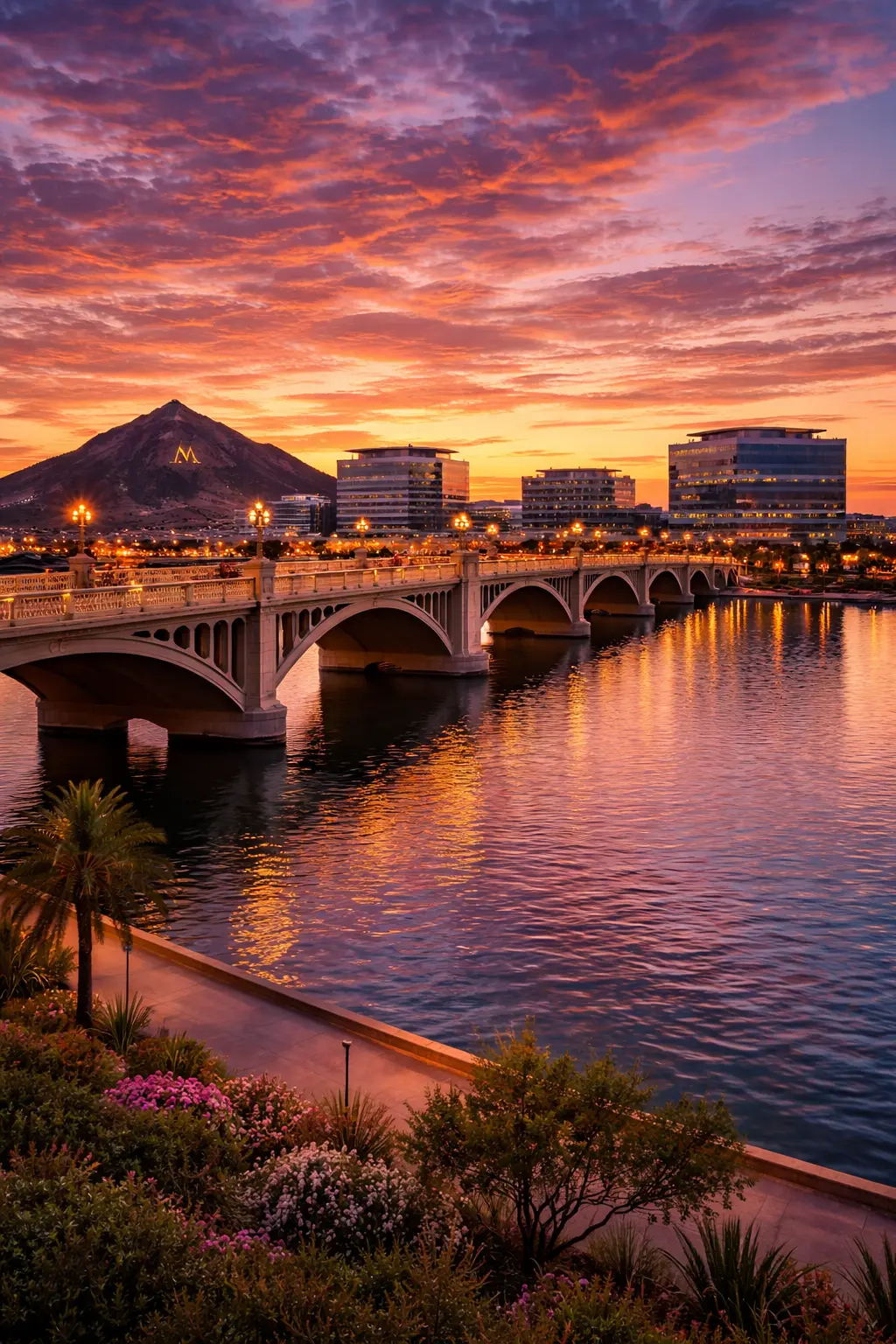 Scenic sunset view of Tempe Town Lake and the Mill Avenue Bridge.