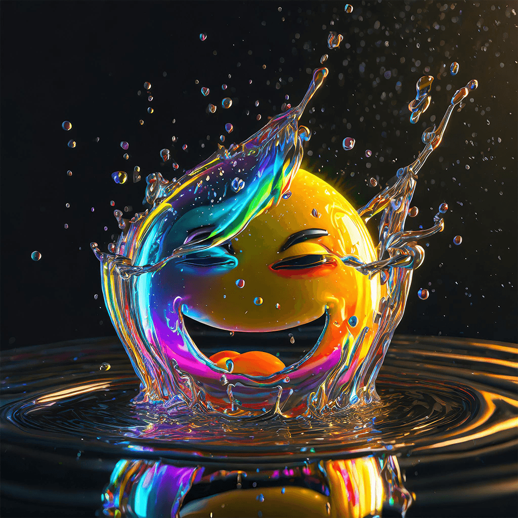 A translucent emoji under the influence of light splashing in a liquid; hyper-detailed, realistic