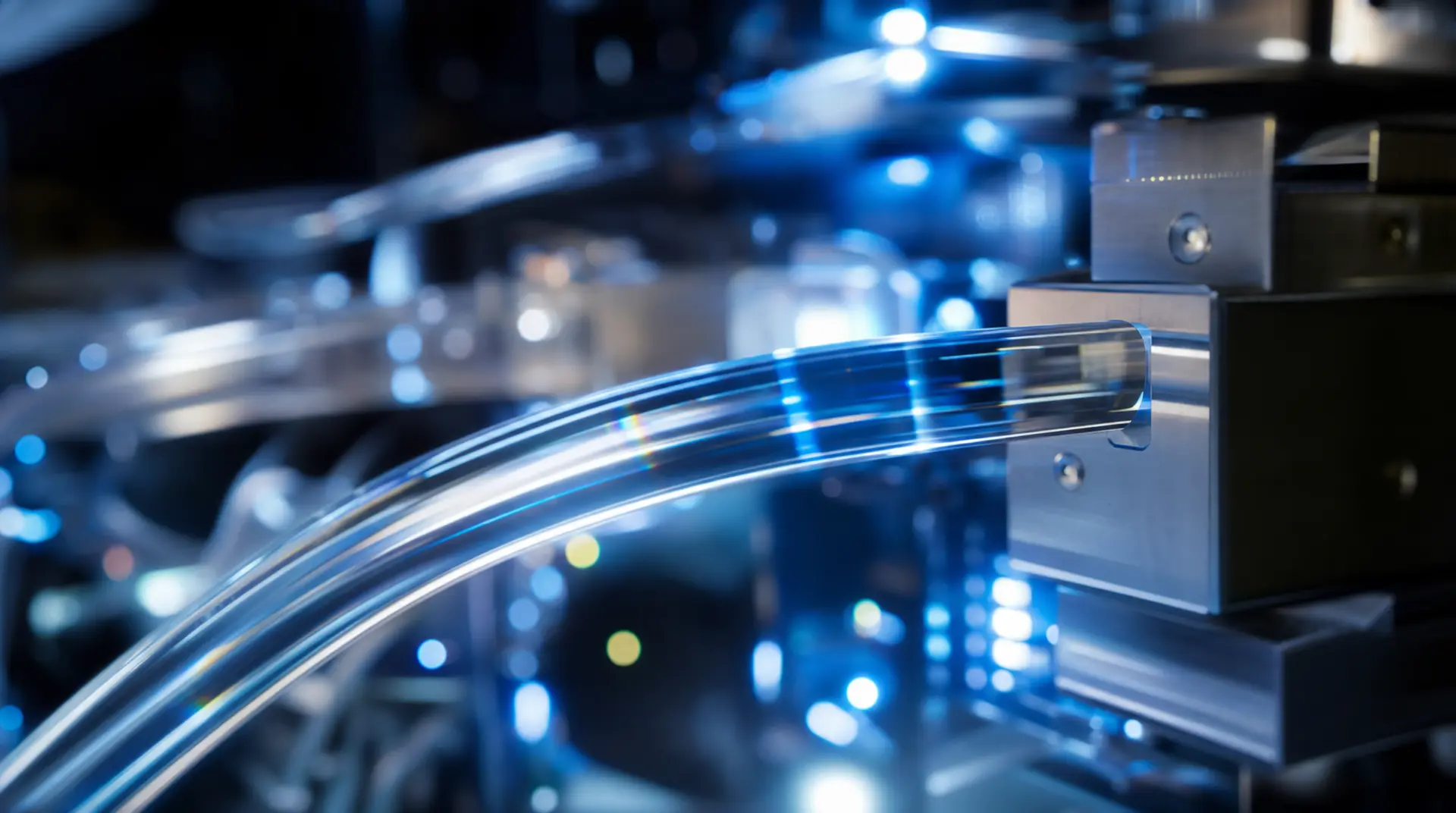 Futuristic blue-lit metal tubing and equipment in a high-tech facility, evoking brand identity design for semiconductor marketing.