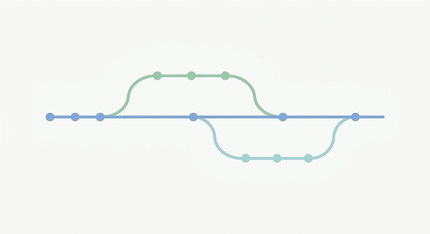 Illustration of a git branching diagram with a main line and two feature branches merging back.