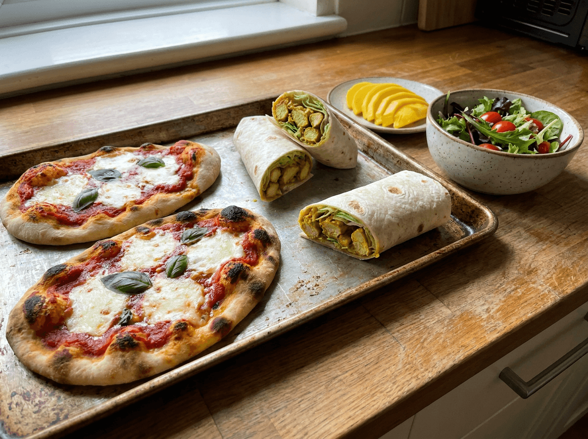 Naan pizzas and curry wraps with salad for school night dinner ideas