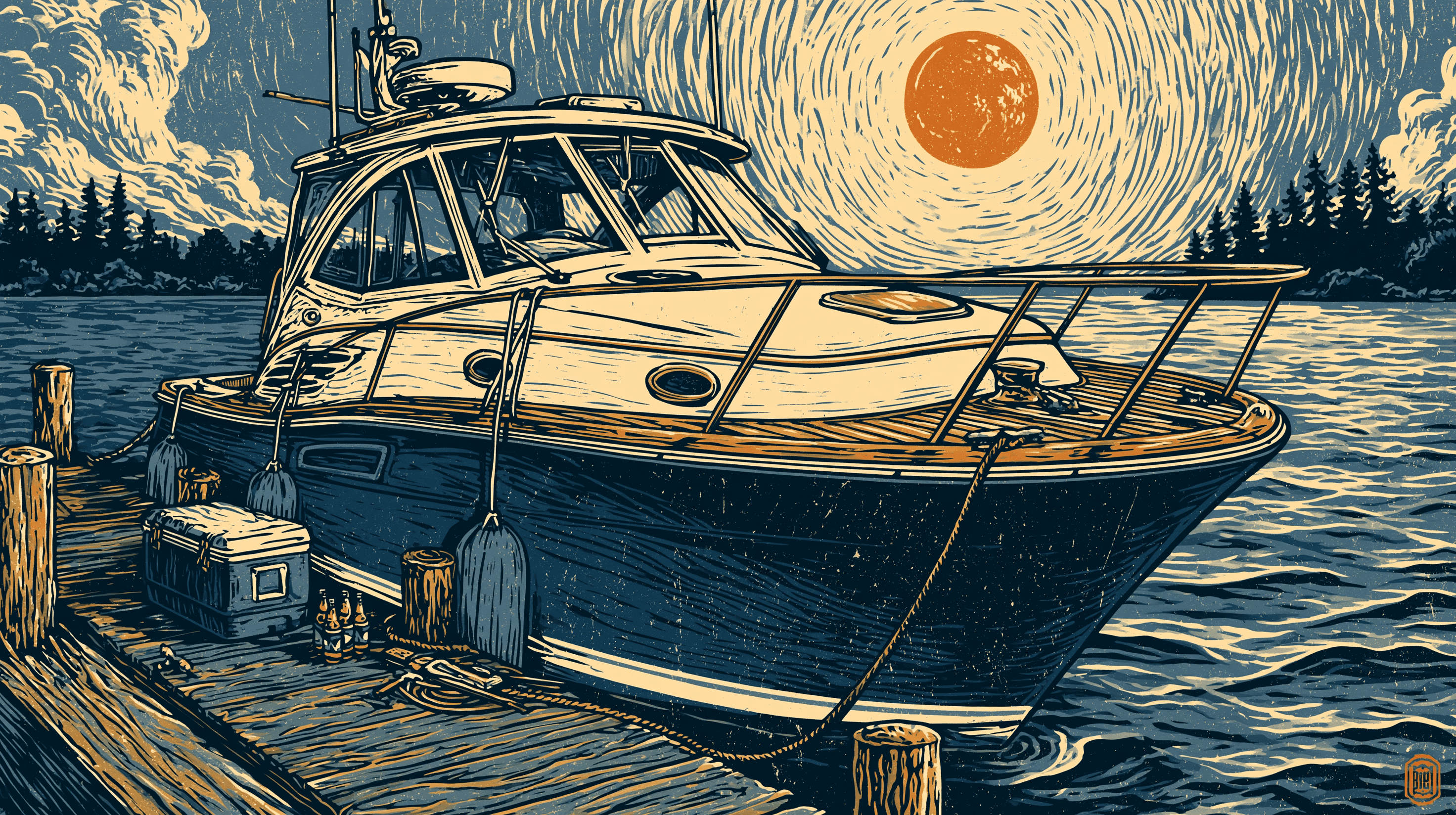 Yacht docked with a cooler and snakcs ready to go.