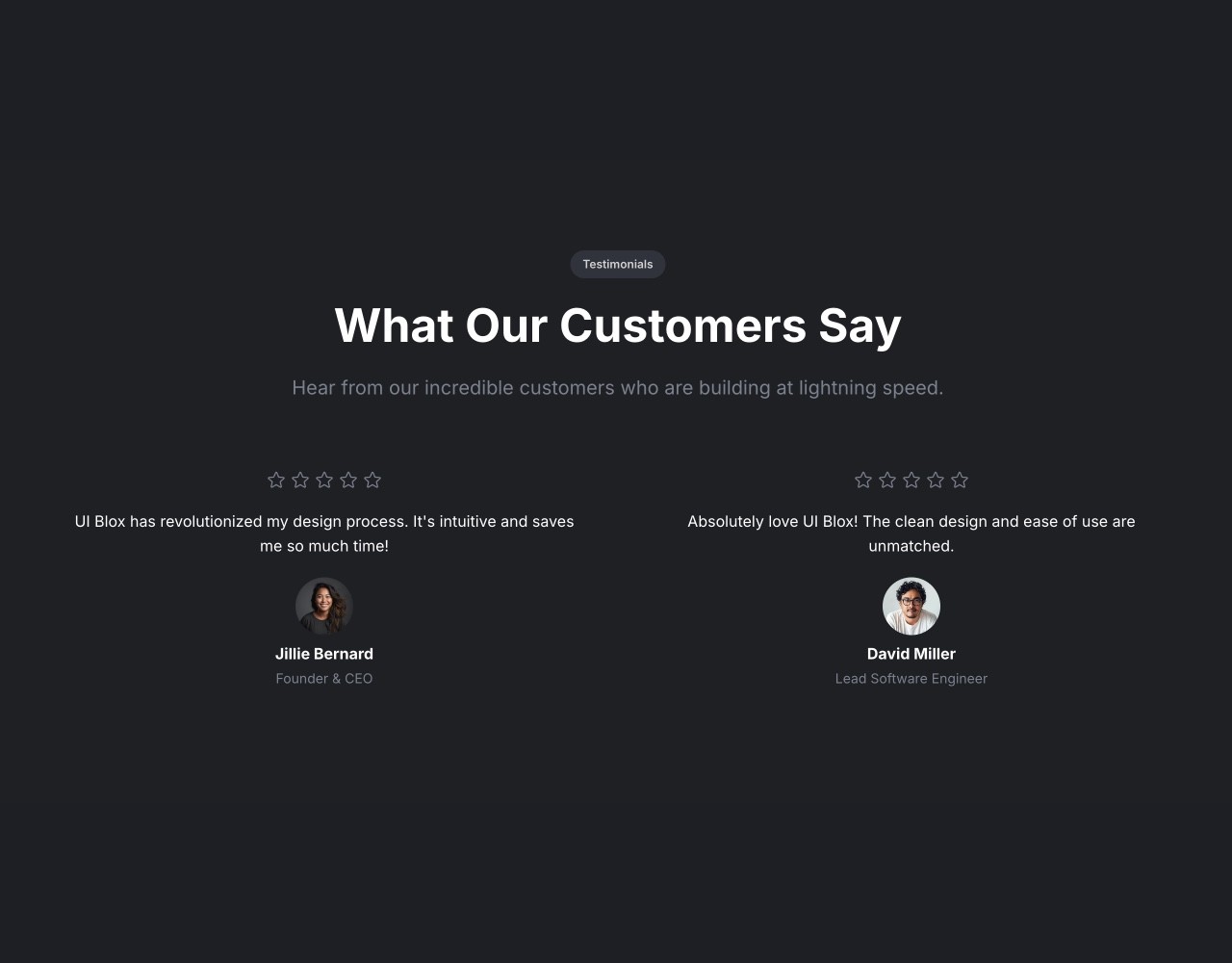 Framer Dark Testimonials Section - Frameblox UI