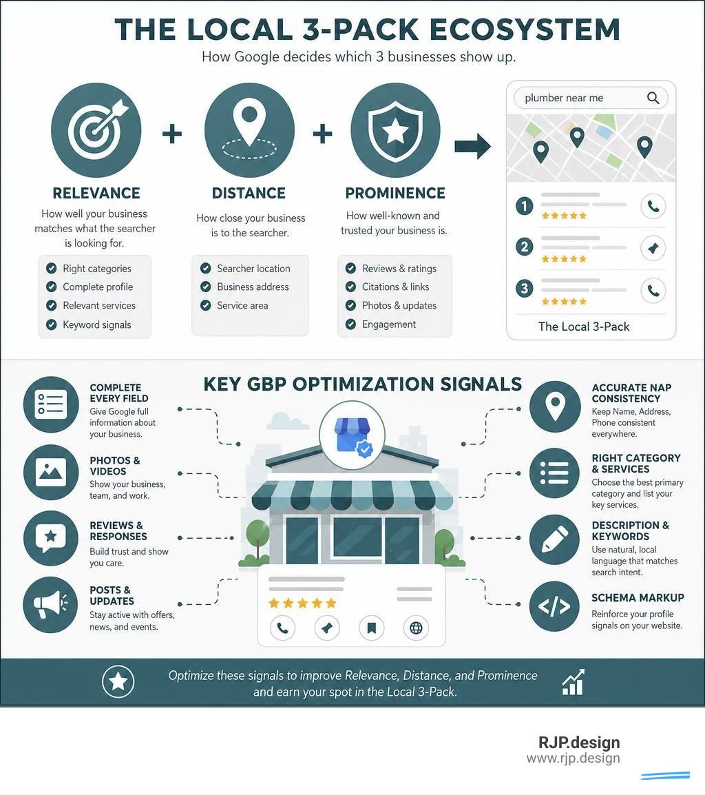 Infographic showing the local 3-pack ecosystem: relevance, distance, prominence, and key GBP optimization signals infographic