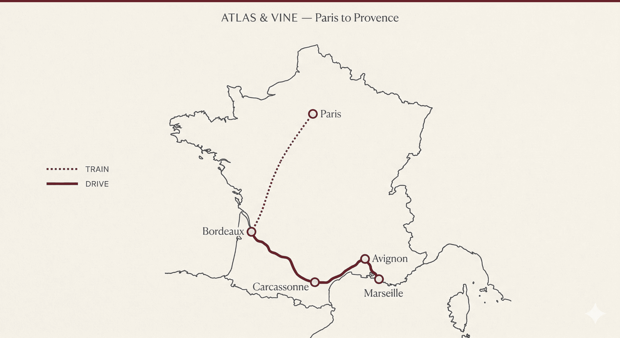 Atlas & Vine itinerary map: Paris to Provence — Paris, Bordeaux, Carcassonne, Avignon, Marseille, with train from Paris to Bordeaux and drive from Bordeaux through to the Mediterranean coast.