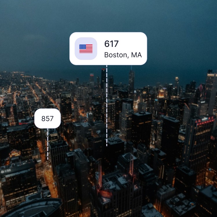 City skyline of Boston showing the 617 area code and surrounding area codes