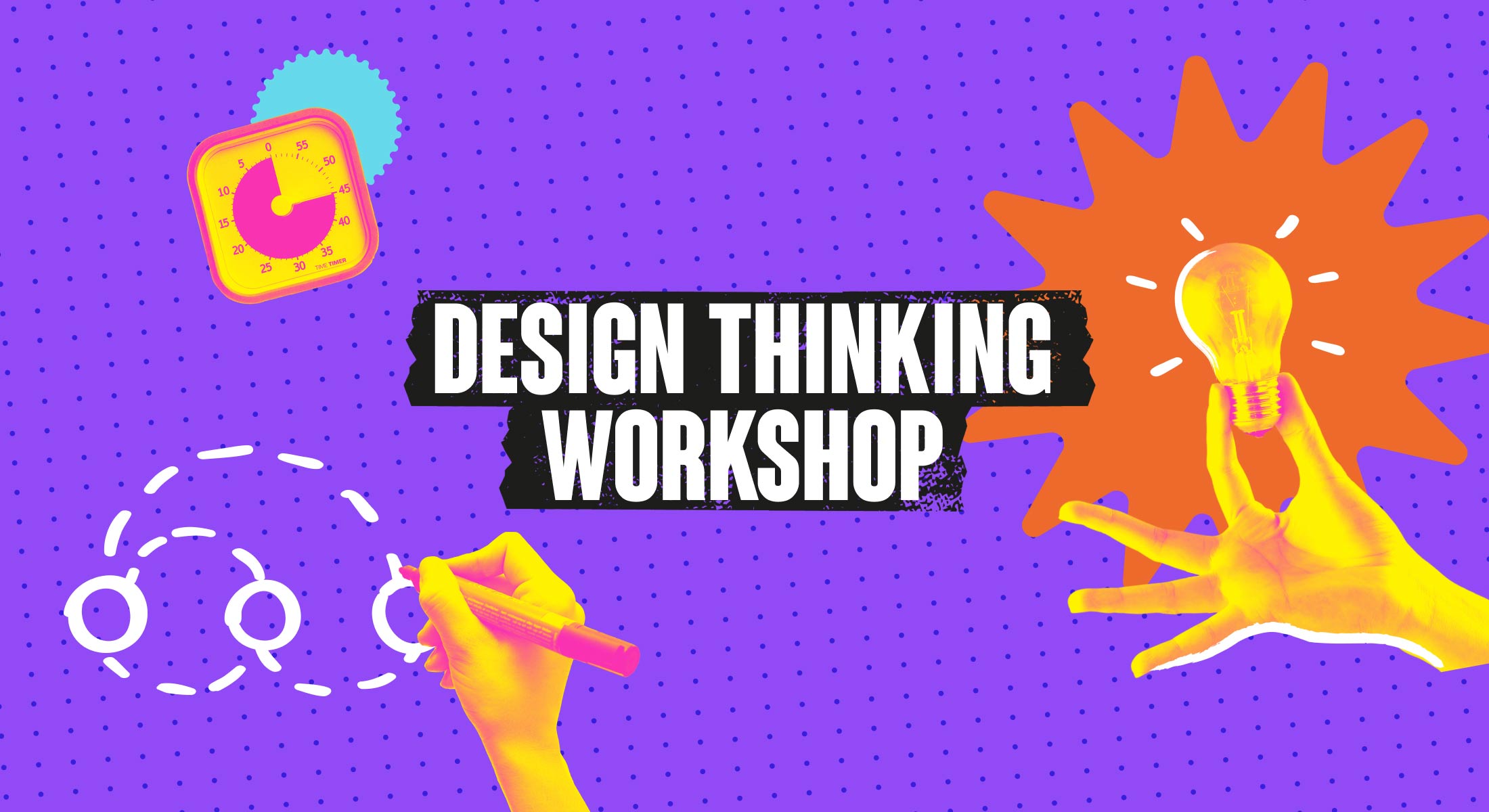 Wide purple banner with hands drawing, a workshop timer, lightbulb idea burst, and bold design thinking workshop text