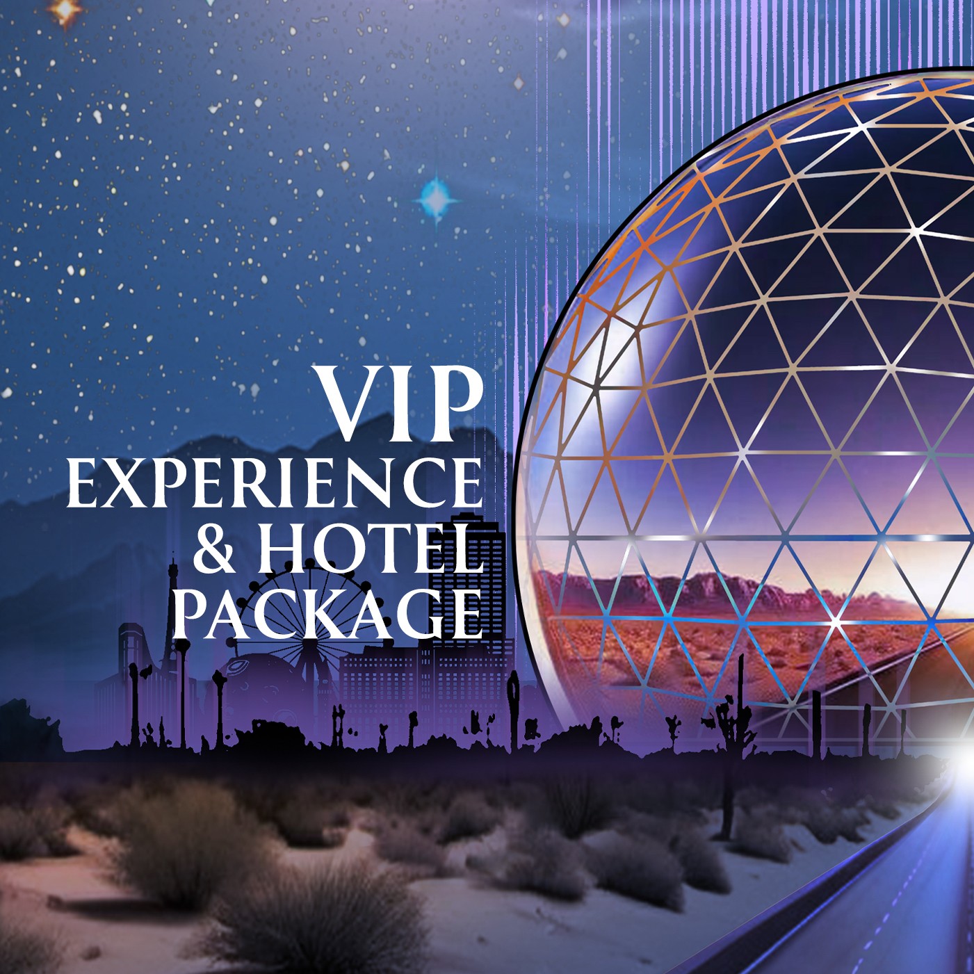 stylized illustration of Sphere Las Vegas at night, against the sillhouette of the Vegas skyline