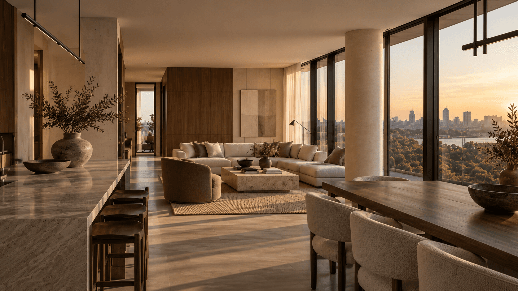 Warm, light-filled residential interior at golden hour