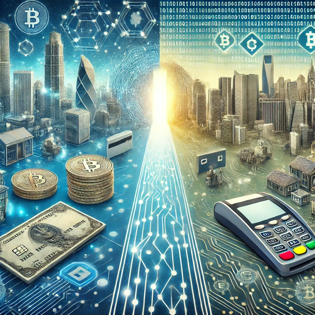 Illustration depicting the challenges of digital payments, showing digital currencies like Bitcoin, QR codes, and mobile apps in a futuristic setting, contrasted with fading traditional cash and credit cards. A bridge of binary code connects both, symbolizing the transition from traditional to digital payment systems.